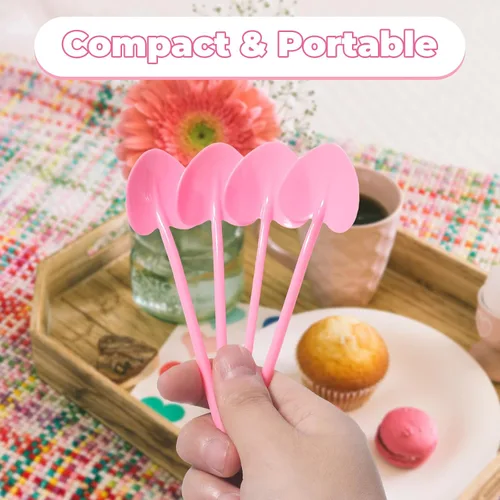 Vista 4 de 100 cucharas de plástico desechables en forma de corazón envueltas individualmente, degustación de muestras para servir postre para pasteles