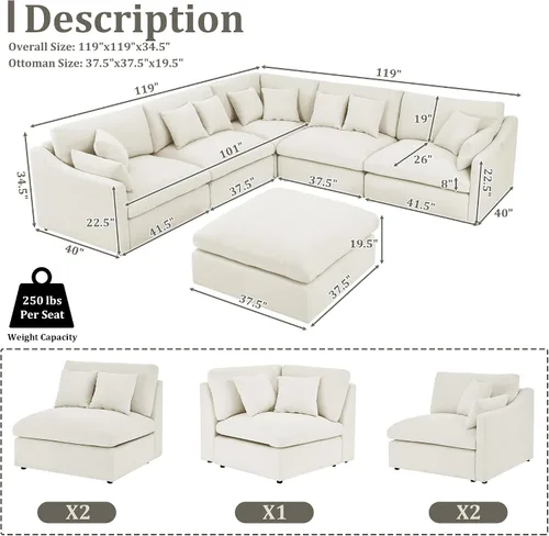 Vista 2 de Juego de sofá modular en forma de L con otomana, sofá de asiento profundo de combinación libre con relleno de plumas de plumón, 10 almohadas, sofá