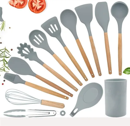 Vista 2 de TOEWOE Juego de utensilios de cocina de silicona, 12 piezas antiadherentes de silicona para el hogar, mango de madera, resistente al calor