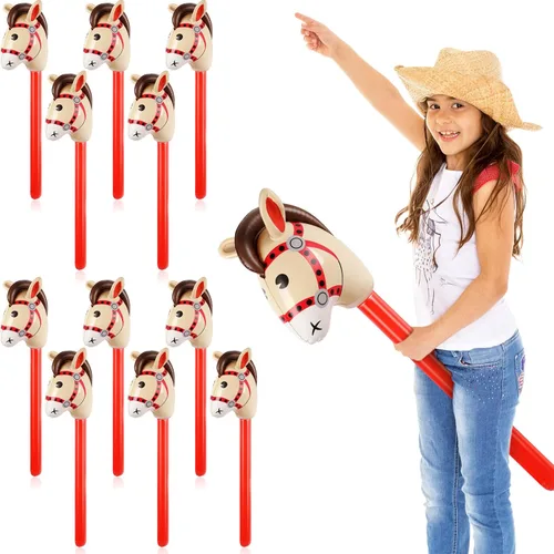 Vista 12 de Chivao 12 piezas inflables de palo de caballo linda cabeza de caballo, globo inflable colorido vaquero vaquera decoración de fiesta para fiesta Negro