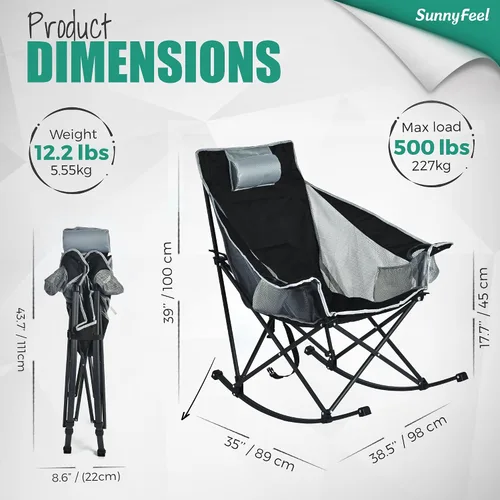 Vista 2 de SUNNYFEEL Silla Mecedora de Camping Paquete de 2, Silla Plegable de Jardín Extragrande para Exteriores con Bolsillo, Resistente