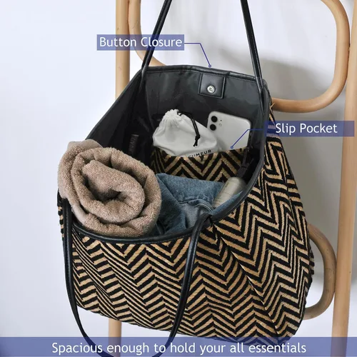 Vista 3 de HOXIS Bolso de playa de gran tamaño con ribete de cuero vegano para mujer