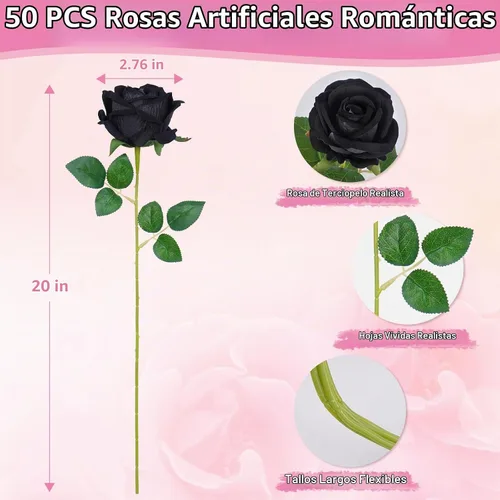Vista 5 de 50 flores artificiales de rosas negras, ramo de rosas falsas de terciopelo