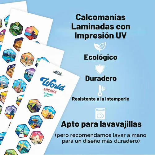 Vista 7 de LET'S WANDER - Botella de agua para aventureros del mundo con 50 pegatinas impermeables - 32 onzas, botella de acero inoxidable aislada y a prueba