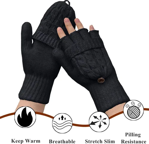 Vista 5 de Beurlike Guantes de invierno para mujer, de lana cálida, a prueba de viento, convertibles, sin dedos