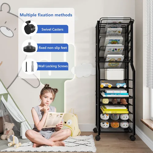 Vista 5 de Simple Trending - Carrito de archivo de 12 niveles con ruedas, organizador de escritorio con bandejas deslizantes y malla metálica