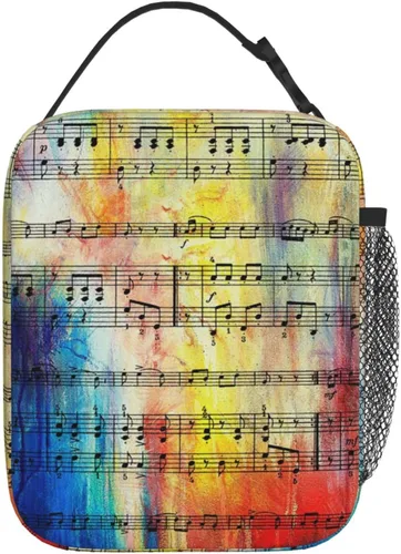 Vista 3 de Bolsa de almuerzo impresa con nota musical vintage con bolsillo lateral, bolsa suave aislada, bolsa térmica para picnic de trabajo