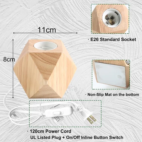 Vista 5 de Lámpara de mesa pequeña de madera, lámpara de noche con base de madera de diamante E26 60 W, luz nocturna industrial boho deco para dormitorio, sala