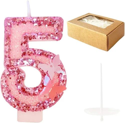 Vista 7 de Velas de cumpleaños número 4, velas de pastel de feliz cumpleaños con purpurina rosa hecha a mano rosado