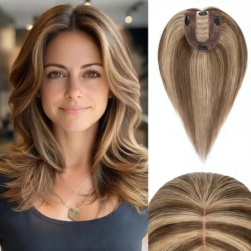 Vista 9 de Rich Choices Pelucas con topper de cabello para mujeres, cabello humano real 100% Remy, sin flequillo, para mujeres con adelgazamiento en la parte