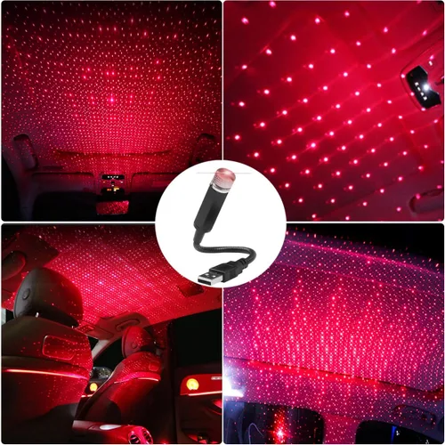 Vista 4 de Luz nocturna de techo de auto con estrellas, portátil, ajustable, USB, flexible, interior, LED, con atmósfera romántica, estrella, proyector Rojo