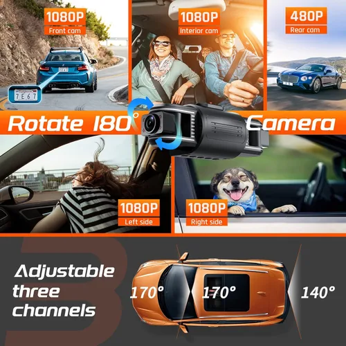 Vista 3 de iiwey T1-pro - Cámara de salpicadero frontal y trasera interior de 3 canales 1080P, cámara de salpicadero ajustable para automóviles con 8 lámparas