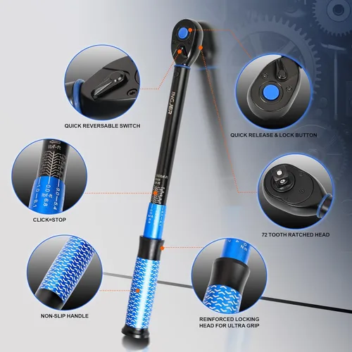 Vista 2 de UPGRADE - Llave dinamométrica de clic de 1/2 pulgada, 10-180 pies libras, llave dinamométrica de doble dirección ajustable de 72 dientes