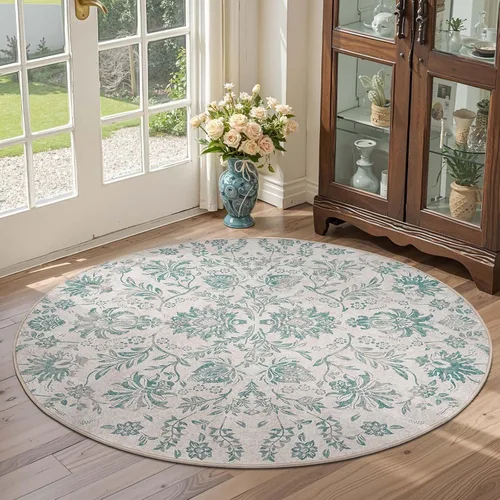 Vista 228 de jinchan Lima - Alfombra simétrica floral geométrica lavable, alfombra de entrada de medio círculo de 2 x 3, alfombra de media luna, suave y Azul