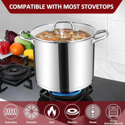 Vista 4 de Herogo Olla de acero inoxidable 18/10 de 12 cuartos de galón con tapa, olla grande y resistente compatible con cocinas eléctricas, de gas