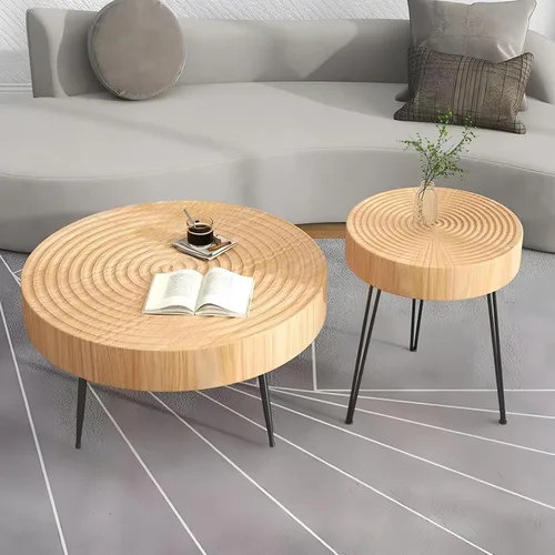 Vista 5 de Mesa de centro para sala de estar, sofá, mesa de esquina para el hogar, mesa redonda pequeña, anillos de árbol, mesa de centro de madera maciza