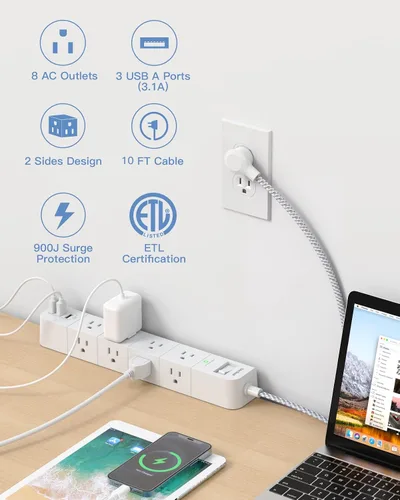 Vista 2 de One Beat Cable de extensión de 10 pies, regleta protectora de sobretensiones, 8 tomas de CA amplias, 3 USB, enchufe plano, estación de carga