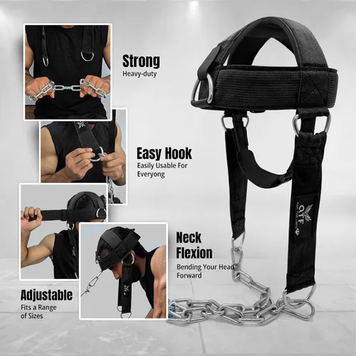 Vista 7 de QTF Arnés de cuello para entrenamiento de levantamiento de pesas, constructor de cuello grueso de neopreno acolchado ajustable para barbilla
