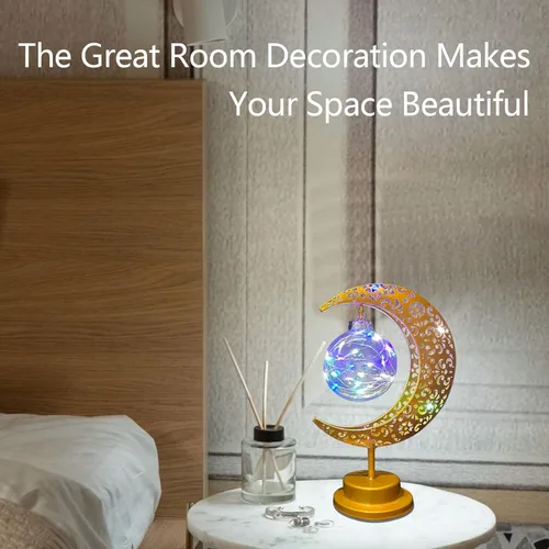 Vista 2 de Lámpara de mesa decorativa, luz de luna creciente, decoración de mesa de Ramadán, funciona con pilas, lámpara de escritorio de Ramadán de Navidad