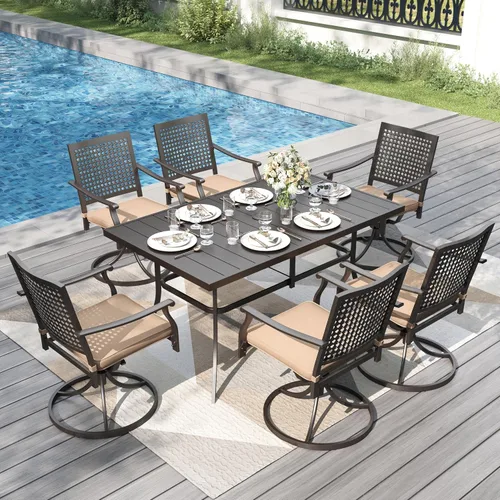 Vista 18 de PHI VILLA Juego de comedor al aire libre de 5 piezas para 4, sillas apilables con cojines y mesa cuadrada de madera de 37 pulgadas con agujero