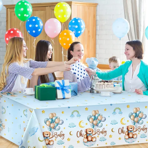 Vista 6 de Tatuo Paquete de 3 manteles rectangulares de plástico con diseño de oso para baby shower, para niños y niñas, revelación de género, cumpleaños, baby