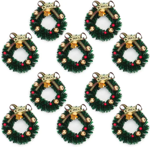 Vista 9 de 10 piezas de mini coronas navideñas artificiales, adornos de coronas navideñas en miniatura para casa de muñecas, mini corona navideña para puertas