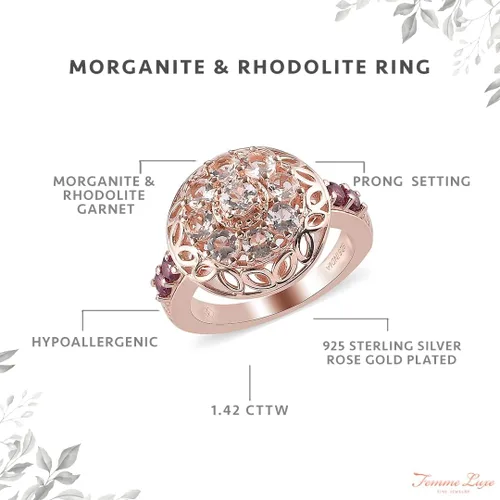Vista 2 de Femme Luxe 1.42 GTW Anillo redondo de morganita y granate rodolita para mujer en oro rosa de 18 quilates chapado en ley 925 (tamaño 7), Metal