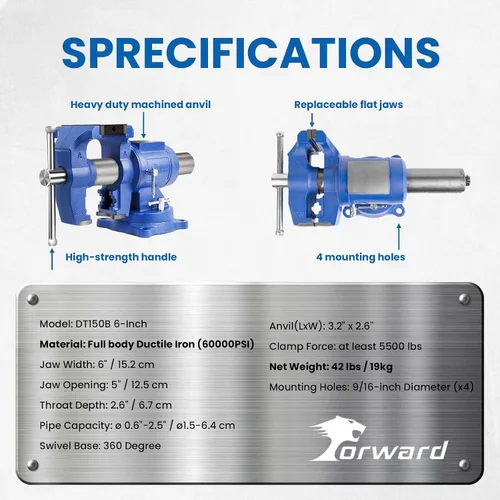 Vista 7 de Forward HY-DT150B-6IN - Tornillo de banco resistente con base giratoria de 360 grados y cabeza con yunque (6 pulgadas)