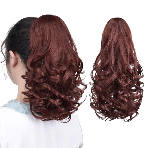 Vista 56 de Extensiones de cola de caballo, extensiones de cabello de cola de caballo con clip de garra marrón oscuro para mujer, pieza de cabello rizado