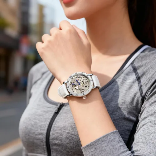 Vista 9 de Relojes para mujer, reloj mecánico automático de cuerda automática para mujer, reloj de pulsera Steampunk con correa de reloj de cuero genuino