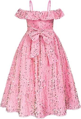 Vista 2 de GRACE KARIN Vestido de niña con hombros descubiertos y lentejuelas brillantes con nudo de lazo, 6-12 años