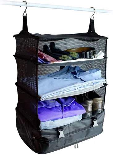 Vista 3 de Bolsa de viaje colgante, organizador de armario portátil, espacio grande, 3 capas de malla, 1 bolsillo con cremallera, tela de lona plegable