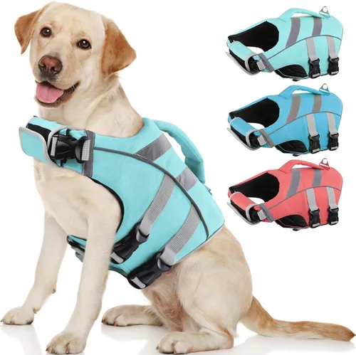 Vista 22 de Kuoser Chaleco salvavidas reflectante para perro, chaleco salvavidas para nadar y navegar Chalecos salvavidas ajustables para mascotas, traje