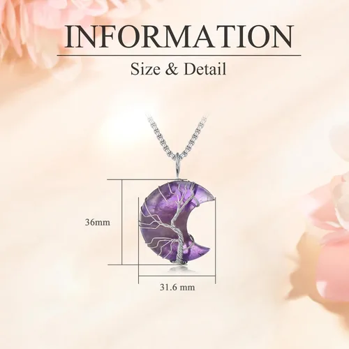 Vista 7 de Collar de luna de amatista para mujer, colgante de luna de cristal morado, árbol de la vida, joyería de regalo de Navidad para novia y madre, Acero