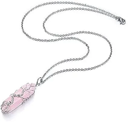 Vista 5 de Collar con colgante de alambre de piedra de cristal curativo punta hexagonal árbol de la vida joyería de reiki para mujeres y niñas PH18B ópalo