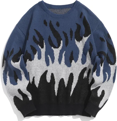 Vista 12 de ZAFUL Y2K - Suéter casual con estampado de llama estética para hombre, suéter de punto holgado, manga larga, cuello redondo