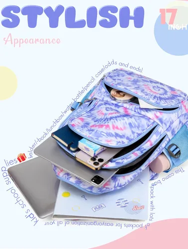 Vista 6 de BLUEFAIRY Mochilas infantiles para niñas y niños, regalos de regreso a la escuela para niños, primaria, primaria, escuela secundaria, Violeta claro