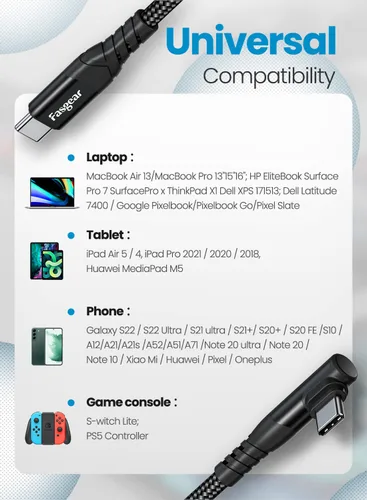 Vista 5 de Cable USB C a USB-C, paquete de 3 cables Fasgear 60W PD 3.0 de 6 pies de carga rápida trenzado USB 2.0 tipo C en ángulo recto 480Mbps compatible