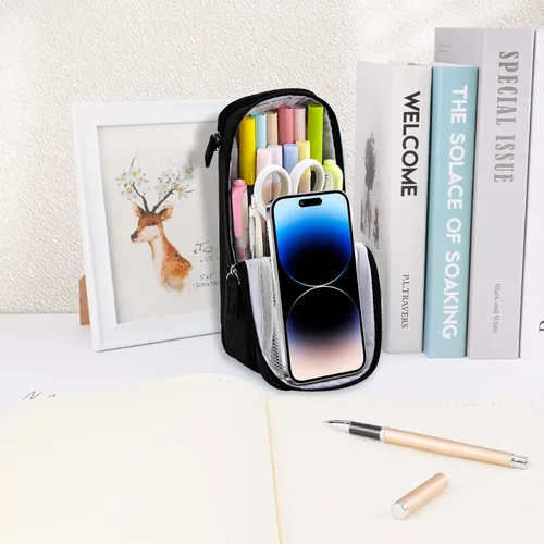 Vista 2 de iSuperb Estuche para lápices de pie, 2 compartimentos, estuche magnético para teléfono celular, soporte para bolígrafo, bolsa de teléfono de gran