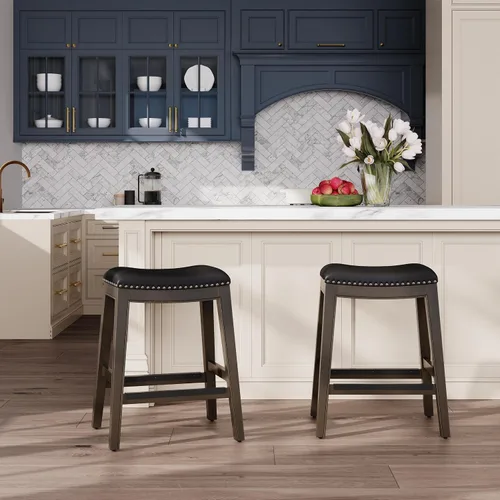 Vista 7 de DTY Indoor Living Durango - Taburete de silla de montar de 24 pulgadas, altura de mostrador, gris desgastado, cuero negro Cuero gris desgastado/negro