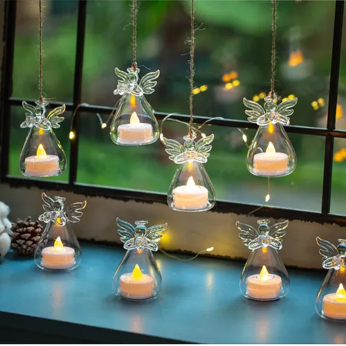 Vista 2 de Paquete de 12 portavelas de cristal colgantes, candelabros de ángel con vela LED en el interior, decoración votiva para boda, fiesta, restaurante