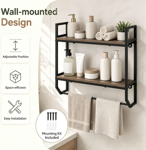 Vista 7 de LOKO 2-Tier Bathroom Towel Rack, Wall Mounted Hanging Shelf (Gray Oak)