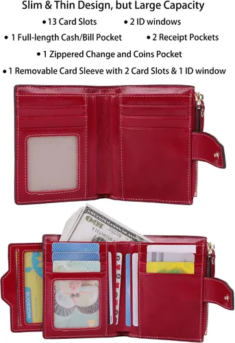 Vista 2 de AINIMOER - Cartera de piel con bloqueo RFID para mujer, tamaño pequeño, compacta, doble zíper, con ventana para identificación