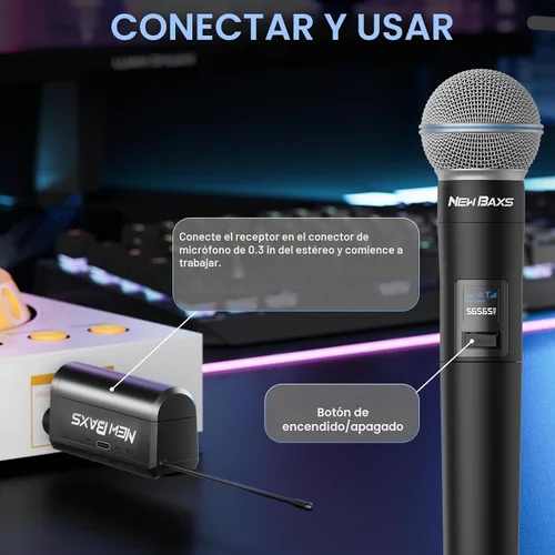 Vista 4 de Micrófono inalámbrico, micrófonos recargables inalámbricos de mano duales dinámicos, micrófonos de karaoke NEW BAXS con salida de 1/4 pulgada