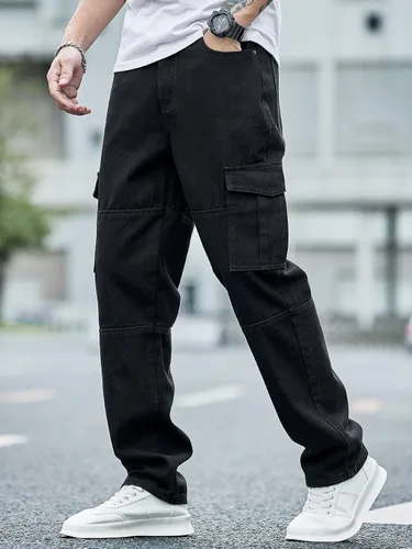 Vista 3 de WDIRARA Pantalones de mezclilla tipo cargo texturizados para hombre, pierna recta, con múltiples bolsillos con solapa