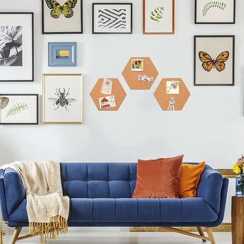 Vista 4 de FEBSNOW Paquete de 3 Azulejos de Tablero de Corcho Autoadhesivos Hexagonales Mini Tablero de Anuncios de Pared con 50 Chinchetas Multicolor