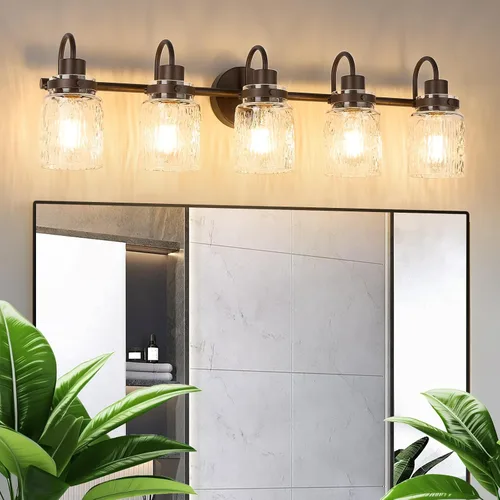 Vista 19 de 2 luces de tocador de baño, lámparas de baño de níquel cepillado con pantalla de vidrio martillado para tocador, sobre espejo, pasillo