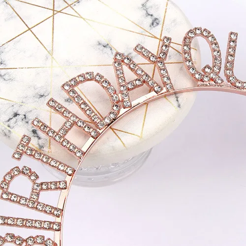 Vista 6 de AOPRIE Corona de cumpleaños para mujer, tiara de cumpleaños de oro rosa para niñas, diadema de reina de cumpleaños, corona de princesa, diamantes