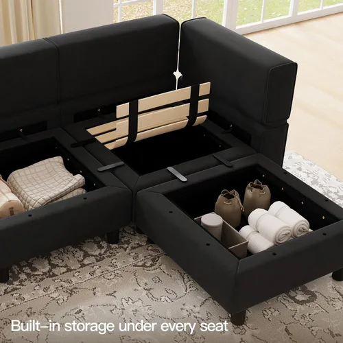 Vista 4 de Belffin Sofá modular en forma de U de gran tamaño con tumbonas dobles reversibles de terciopelo con almacenamiento, color negro