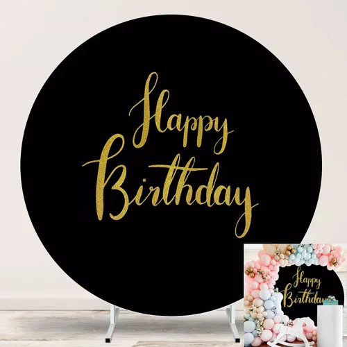 Vista 15 de Cartel de feliz cumpleaños dorado de 6.5 pies, cubierta de fondo circular blanco con 4 clips, telón de fondo redondo para fotografía, cartel dorado